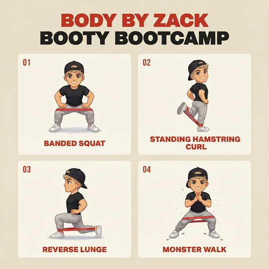 Body By Zack Booty Bootcamp class poster — 45-minute coached resistance-band workout for Dallas apartment residents, instructor illustrations showing banded squat, hamstring curl, reverse lunge and monster walk