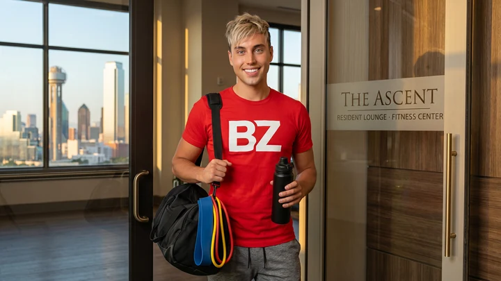 Amenity-room key fob with brass door handle and lounge name card — unlock the room, walk away, and Zack runs the event door-to-door