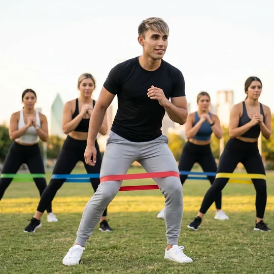 Zack Presas coaching a banded lateral walk to four women at an outdoor Dallas resident fitness event — Day Of Class, setup through breakdown handled door-to-door